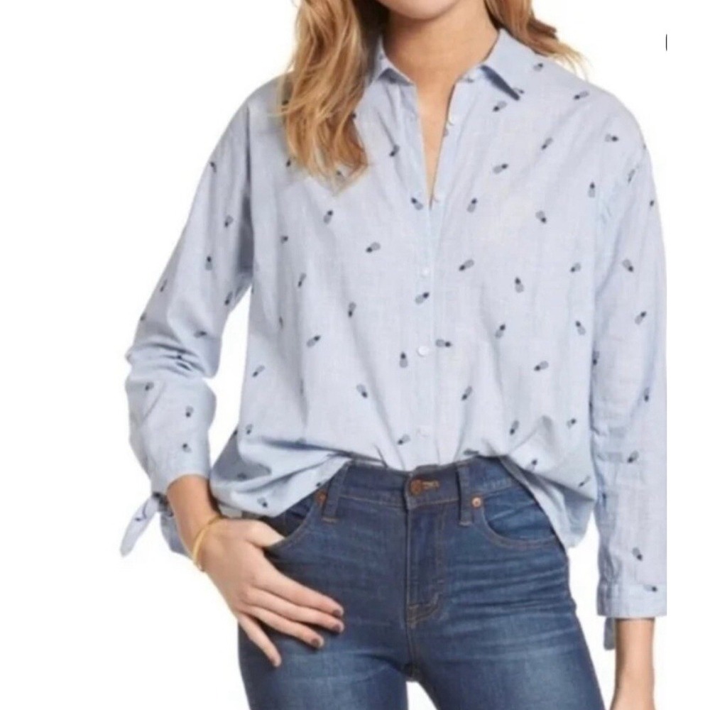 MADEWELL Shrunken Trapeze Button Down Shirt Pineapple‎ Print Tie Sleeve Blue L